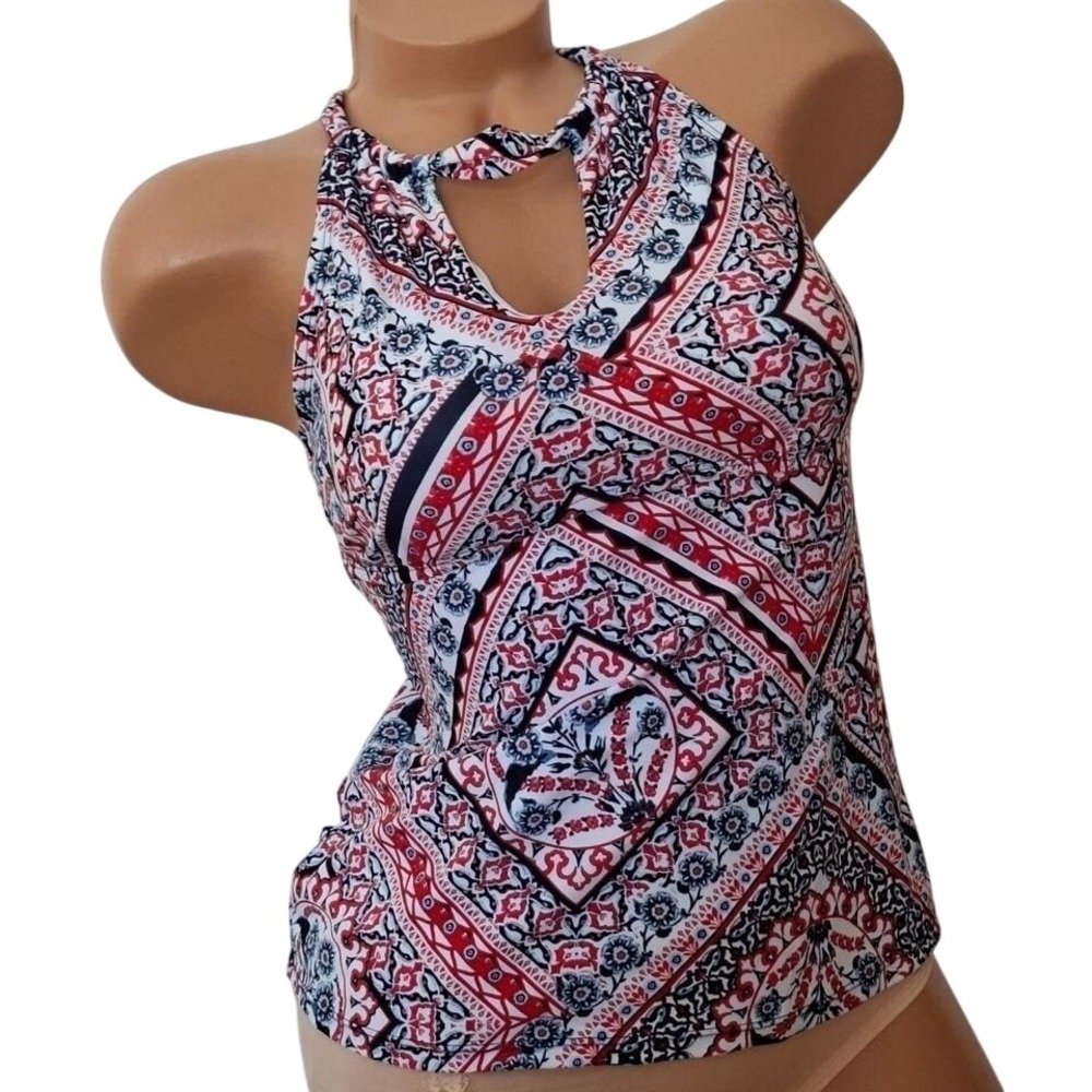 New Directions Swim Tankini M Red Blue Paisley Halter womens swimwear top medium - Picture 1 of 7